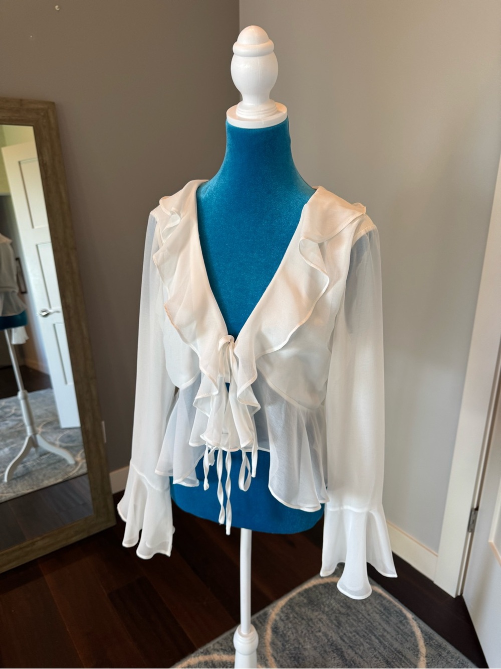 Lulu's Ivory Sheer Ruffle Tie-Front Blouse